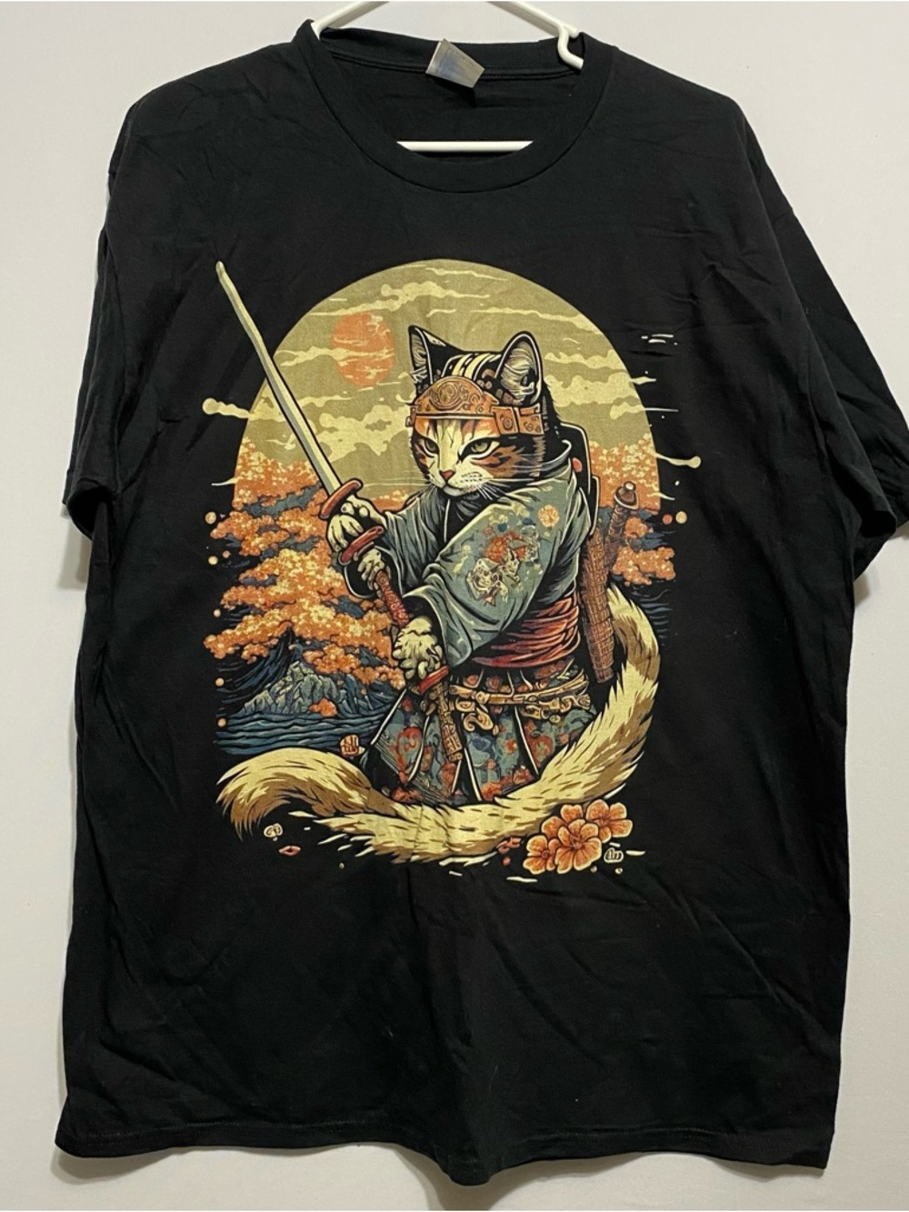 Unisex Sz XL Black Graphic Samurai Cat T Shirt